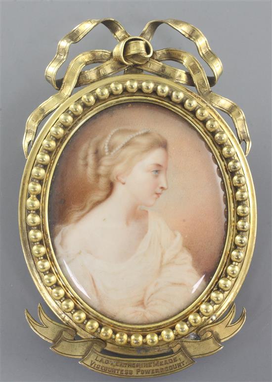 19th Century English School Miniature portrait of Lady Catherine Wingfield, Viscountess Powerscourt (c.1766-1793) 3 x 2.25in. ormolu fr